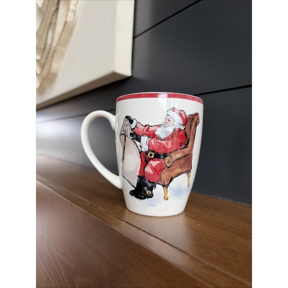 Pottery Barn painted Santa Claus Discontinued Tea Mug Checking List Replacement